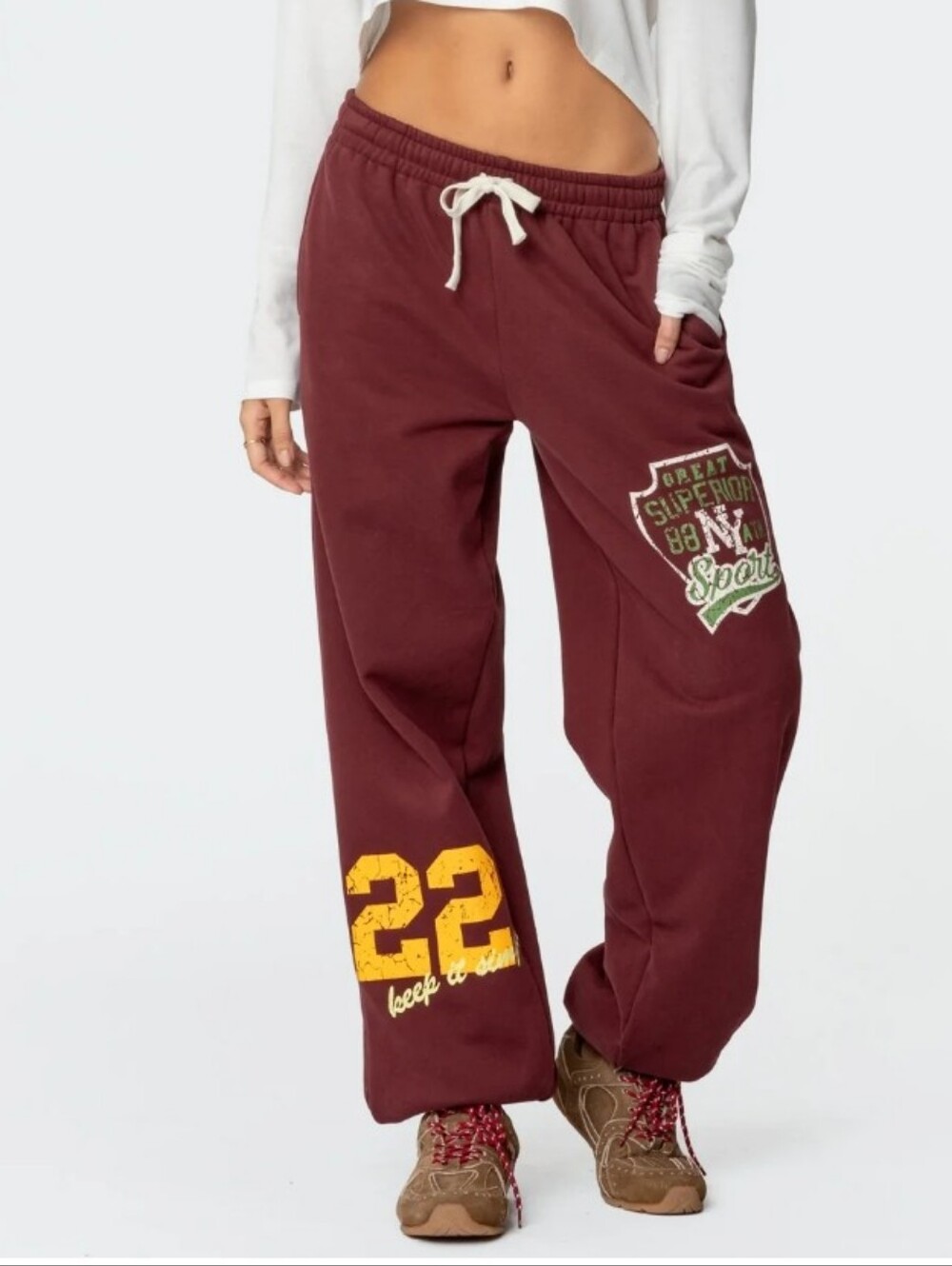 Edikted Maroon Track Joggers with Yellow Graphic Details